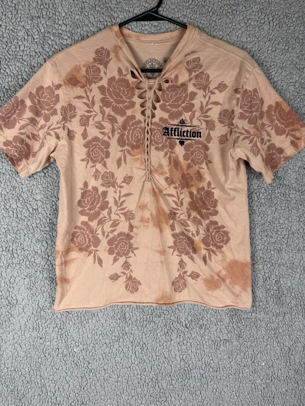 Affliction T Shirt Orange Floral Tie Dye Lace Up Flocked Velvet Angel Wings S